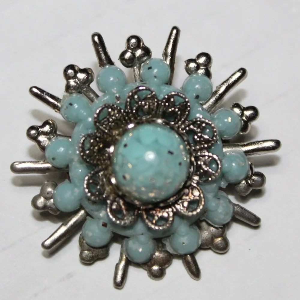 Vintage Brooch Sunburst Faux Turquoise Filigree Starburst OS Light Blue Silver